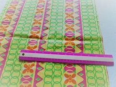 Geometric stripe print-cotton polyester pink, green, orange on yellow-42″ x 32″