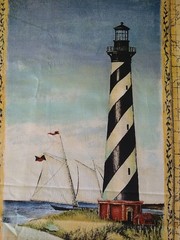 Lighthouse Fabric Panel 23×13 Blue Black & White Nautical Ocean Sea Tall Ships
