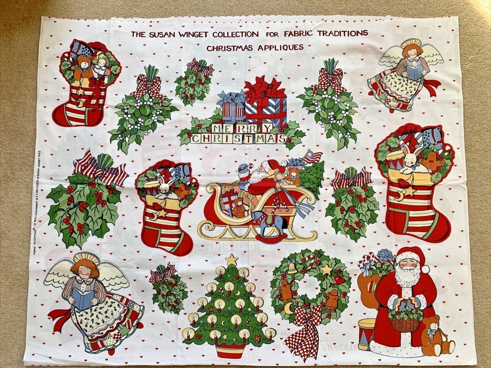 Vintage 1993 Susan Winget Christmas Collection Applique Fabric Panel Santa Angel