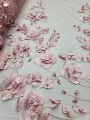 Fabric Sold By The Yard 3d Floral Lace Dusty Rose Embroidery PEARLS Bridal Quinc