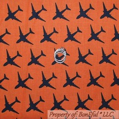 BonEful Fabric FQ Cotton Quilt Orange BLACK Airplane Air Force Men Fly Boy Plane
