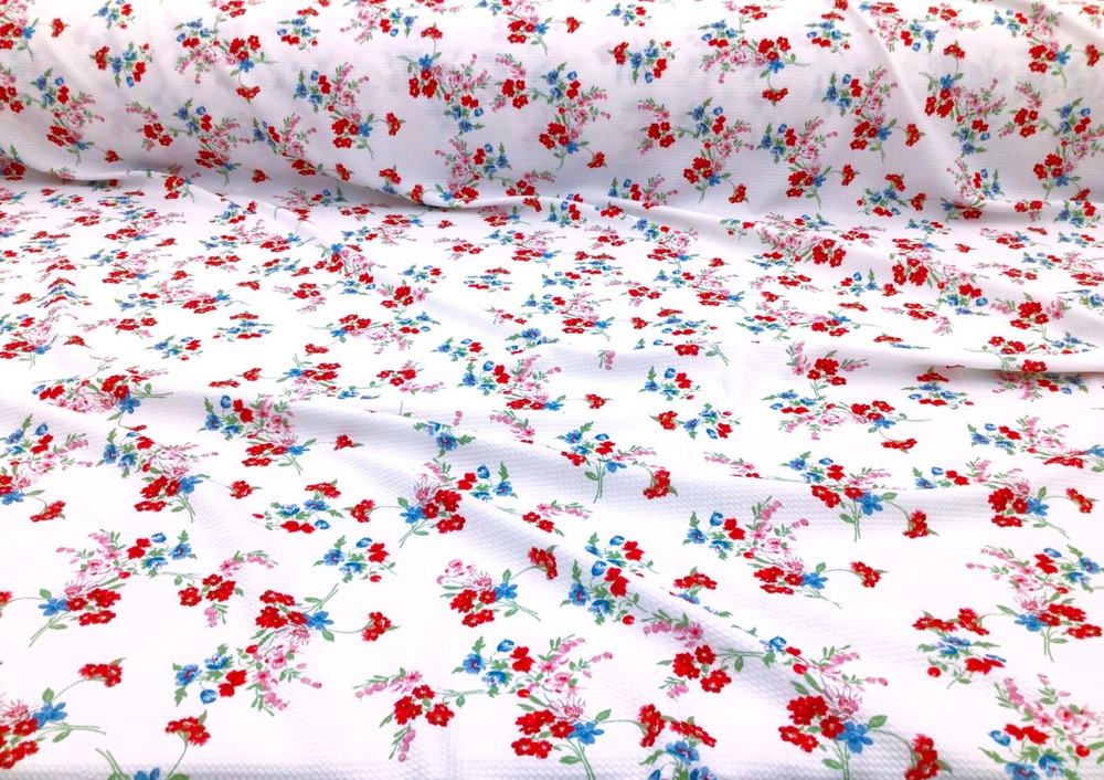 Bullet Printed Liverpool Textured Fabric Stretch White Red Blue Green Floral V43