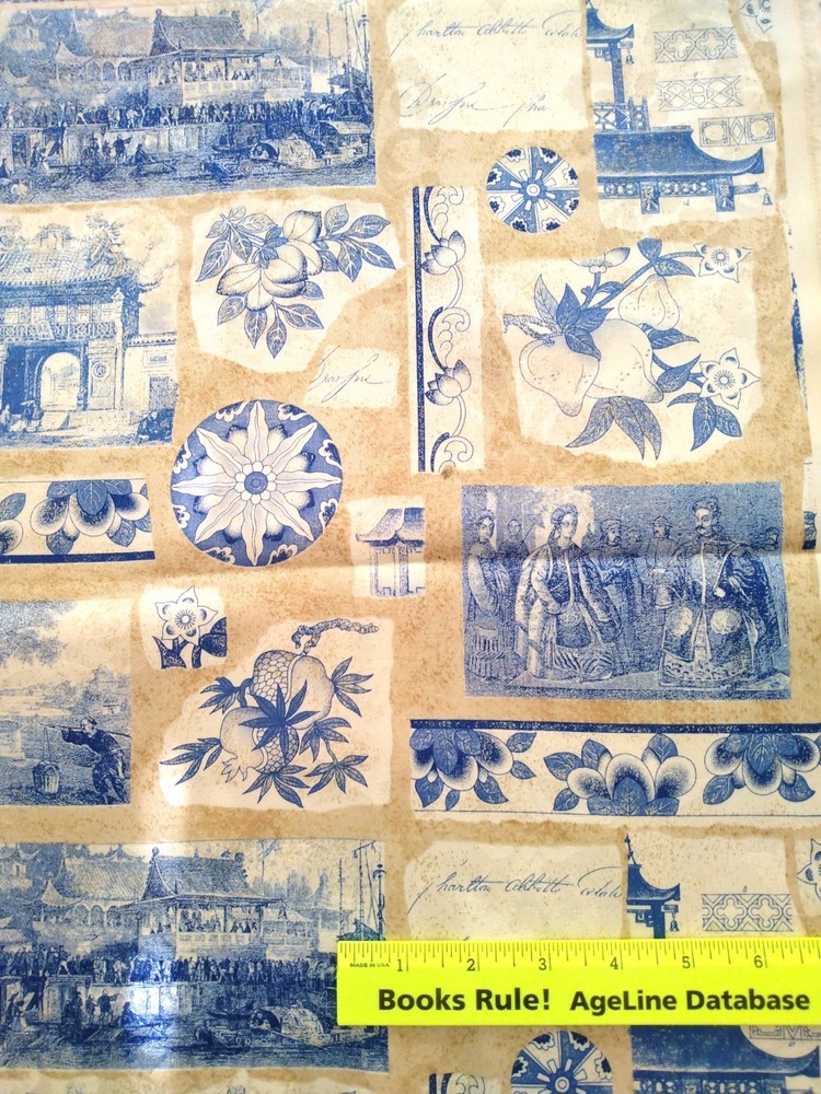1 yard cotton fabric ~ CHINESE MOTIFS, SCENES flowers ~ blue/cream/tan