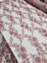 Mauve Lace 3d Floral Design Embroidered Mesh 3d Lace Fabric By The Yard Pearls