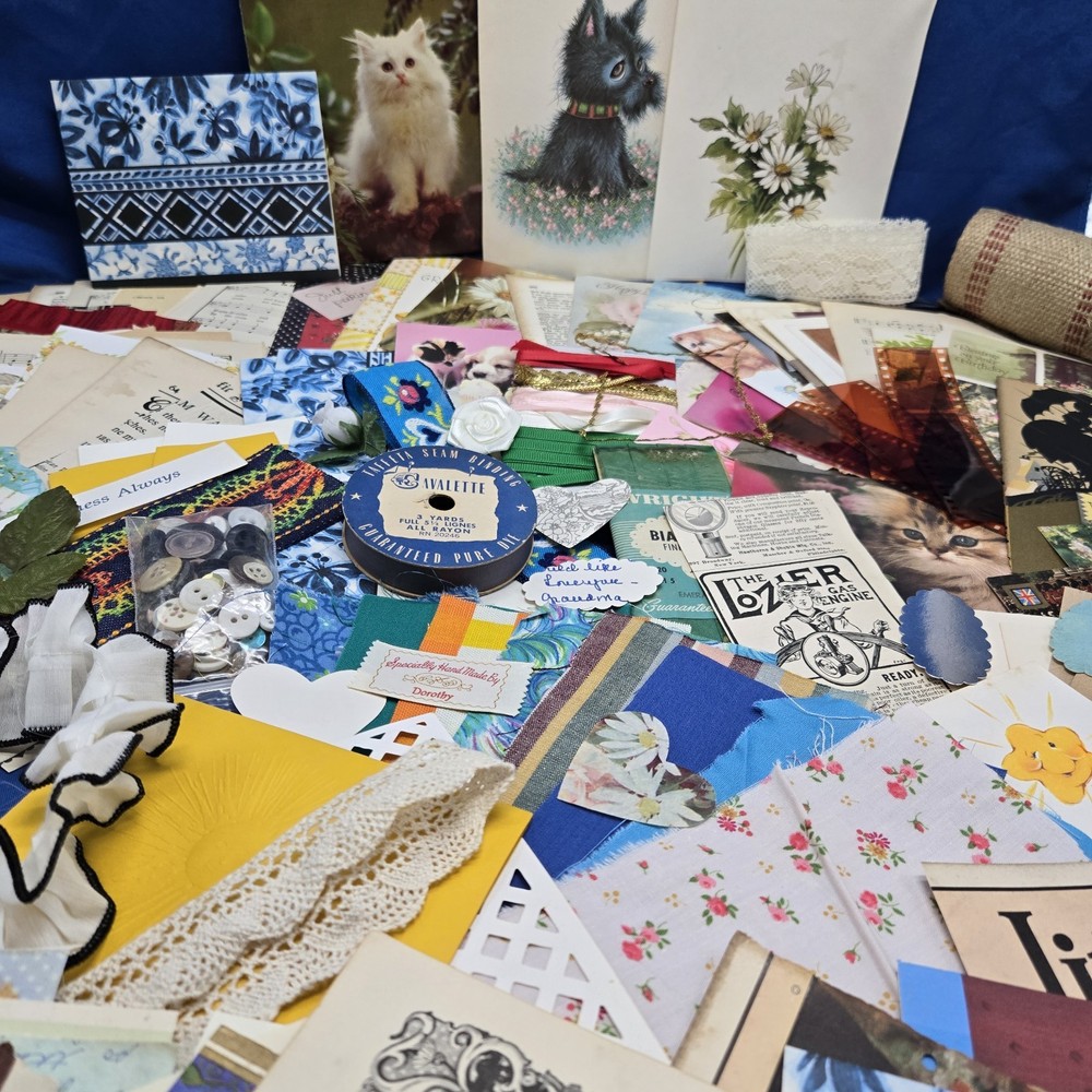 Junk Journal Lot 1Lb Ephemera Card Ribbons Book Page Fabric Button Craft Collage