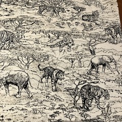 Classic Cottons Tigers Elephants Toile Black White Print Cotton Fabric 4 Yards
