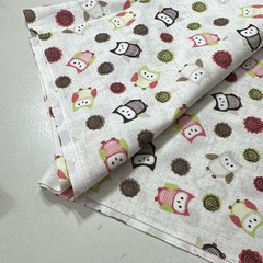 Owl Print Cotton Fabric Owls Theme White w/ Multicolor Owls & Circles 1 yd