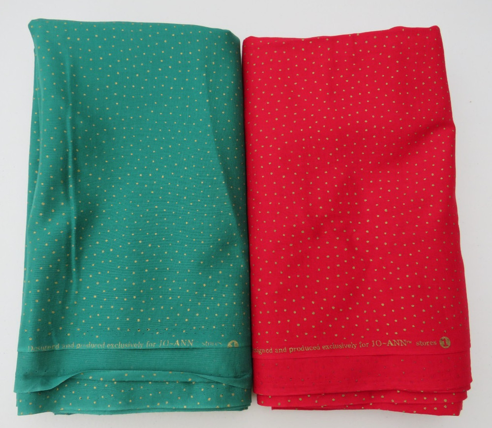 Lot of 2 – Jo-Ann Fabrics Cotton Red & Green Solid With Gold Dots 2 Yds Each