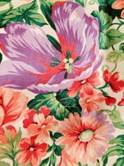 Med Pink Purple Flowers Green Leaves on White Large Print Fabric 1Y VTG Cranston