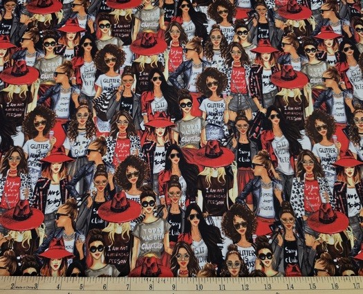 JoAnn Fabric – SASSY PACKED WOMEN WITH RED – by the HALF yd (18″)