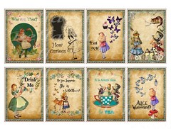 Set of 8 Vintage Retro Alice in Wonderland Collage Cotton Fabric Blocks