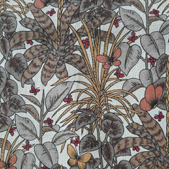 1.6 YDS Vintage Hoffman California Fabric Tropical Foliage Butterfly Brown Cream