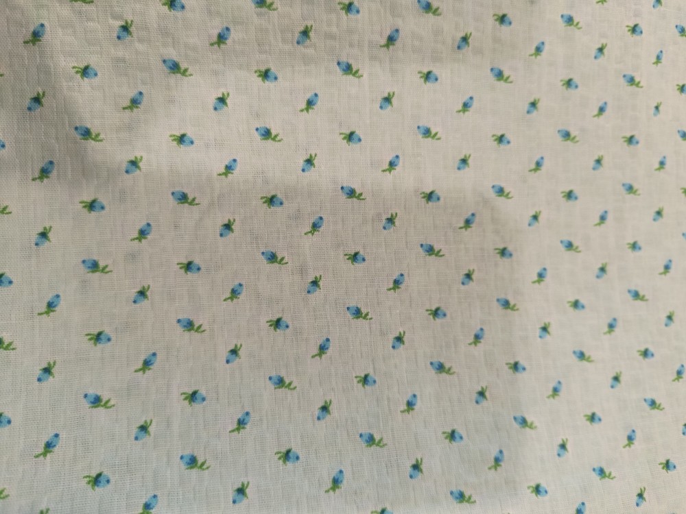 Vintage Seersucker Tiny Blue Rose’s Rosebud’s Baby Blue Background 1 Yard + 26″