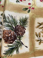White Flowers Pine Cones Blocks on Tan Woodland Fabri-Quilt Fabric 1.8Y