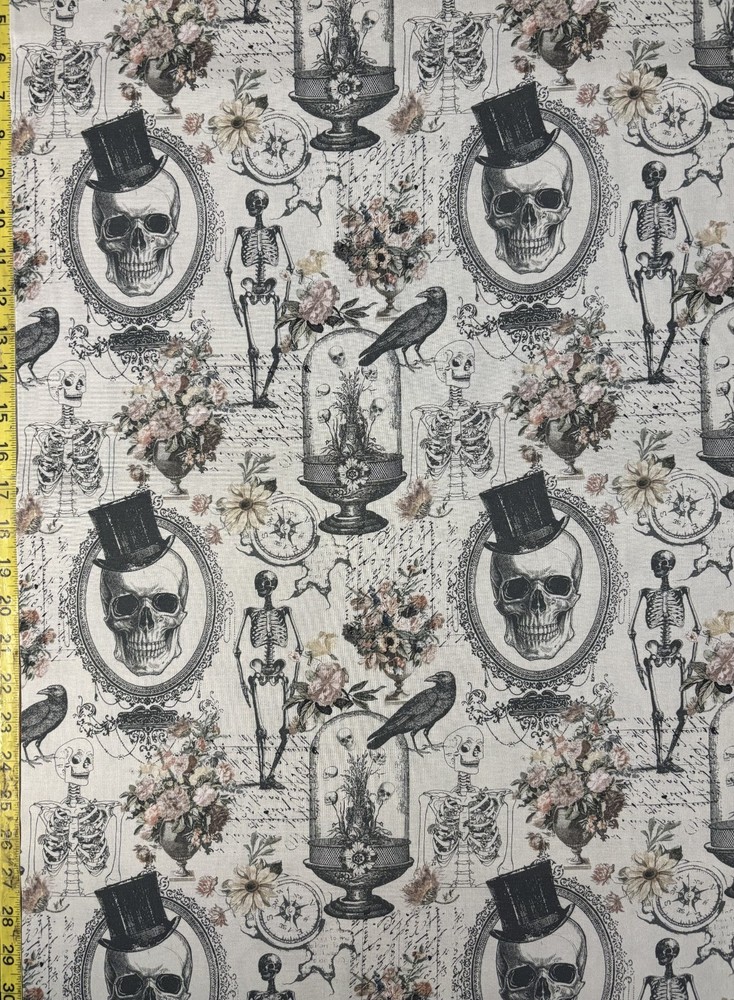 Nevermore Evermore Cream Michael Miller Fabric skeletons raven flowers