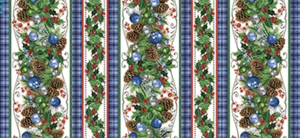 Quilting Treasure – Christmas Garland Border Stripe- Blue Quilting BTY Fabric