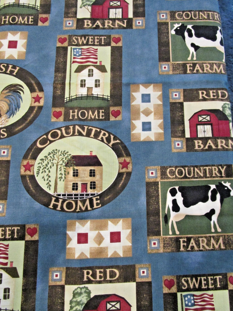 🐄 COUNTRY HOME FARM Print Fabric * 1 yard 20″ * Americana Cow Chicken Barn 🐔