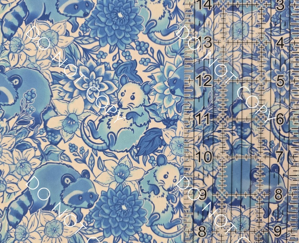 100% Cotton Woven Fabric Novelty Trash Cats Blue Possum By the 1/4 Yard 9×56