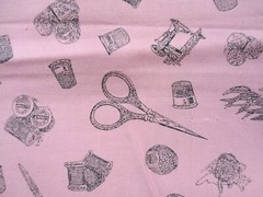 Fabric Red Rooster “Sewing” 3 Pc Sampler Pink Stipple & Implements & Tags $3.95