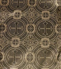 Black Gold Metallic Church Cross Brocade Fabric 60” Width Sold By The Yard