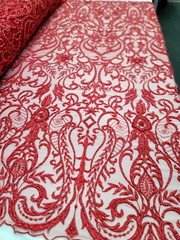 Red Beaded Lace Embroidery Fabric By The Damask Pattern Luxury Lace Victorian
