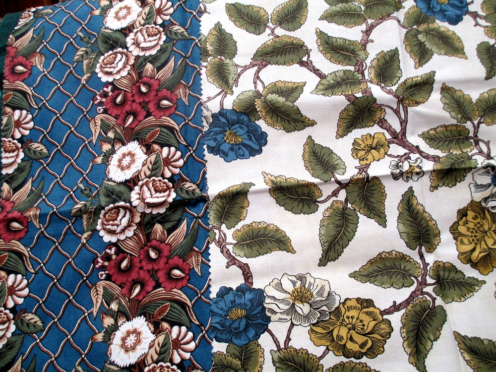 Fabric Red Rooster SALE “Latticework Blue” 2 Pc Vertical Flowers Blue Gold $1.00