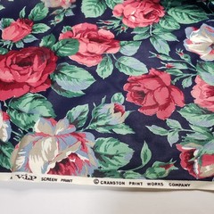 Vtg Cranston Print Works Cotton Roses Large Floral Red Blue White