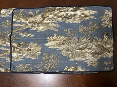 Custom made pillow cover with Hunting Dog Toile in Denim Blue Corded edges.