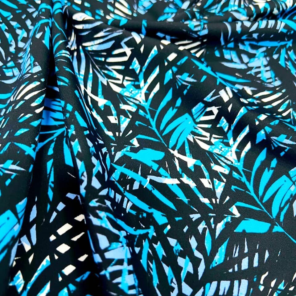 Swimwear FabricBlue Leaves Print 4-way Stretch 60″ By the Yard