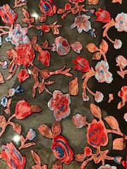 Italian designer Chiffon Velvet Burnout black base with red blue peach shades
