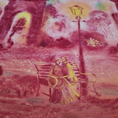 Victorian Lovers in the Park Vibrant Fabric Art Panel Wall Hanging Table Cover