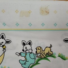 2 yd Vtg Playful Bunny Figures Yellow Turquoise Nursery Baby Cotton Fabric