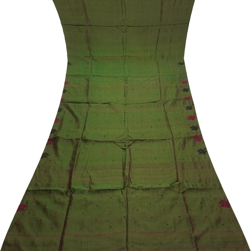 Vintage Green Dual Tone 100% Silk Handwoven Sari Remnant 5YD Craft Fabric Scrap