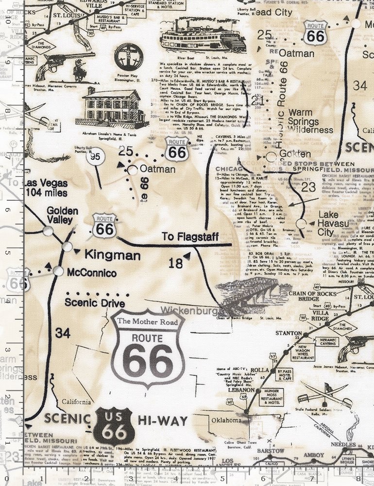 Travel Fabric | Route 66 Map Collage Beige Natural | Timeless Treasures YARD