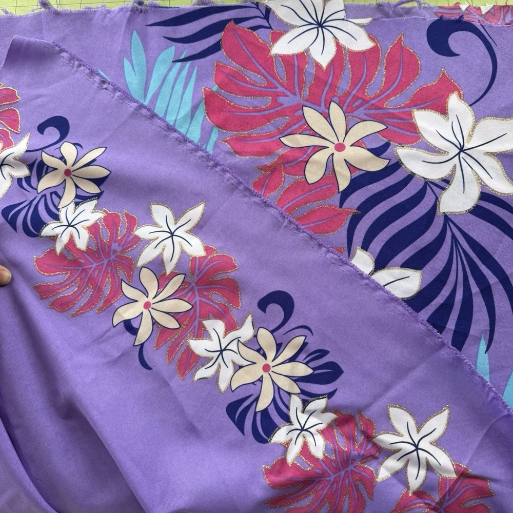Vintage Floral Fabric Silky Purple Tropical Polyester Fabric Metallic 44″L x 58″