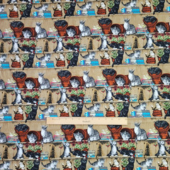 Cats on Book Shelf Vintage Style Cotton Fabric Basket Plant Quilting 4.25 Yards