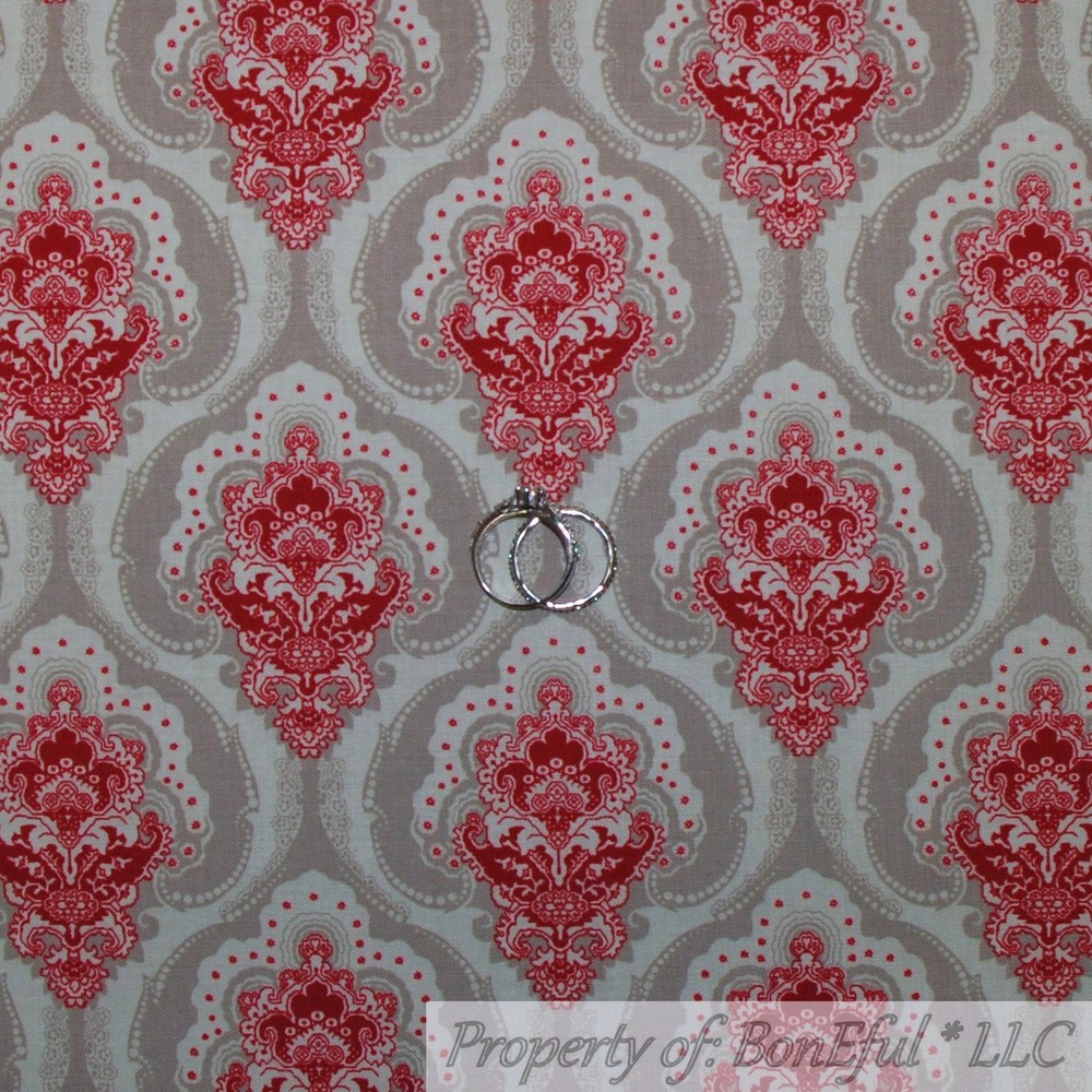 BonEful Fabric FQ Cotton Quilt VTG Cream Pink Maroon Flower Damask Shabby Chic L