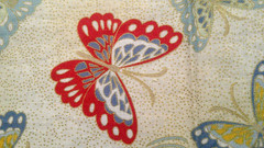 Fabric Red Rooster “Butterflies” Steel Blue Burnt Orange on Spackled Tan $1.50