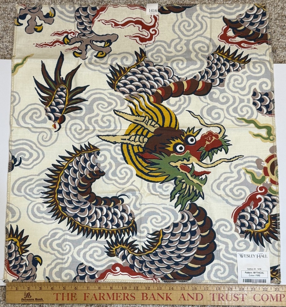Chinese Dragon Fabric Remnant Wesley Hall Mythical 23.5×25 Cotton