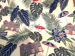 Coastal Outdoor fabric Beach Scenes Huts Palm Tropical Blue Green By The Yard
