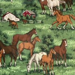 Vintage Cranston Horses on Farm with Barns on Green 100% Cotton ~ By the Yard