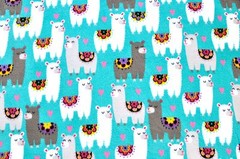 BTY*FLORAL WHITE & GREY LLAMAS WITH SADDLES ON TURQUOISE FLEECE FABRIC 60X36″
