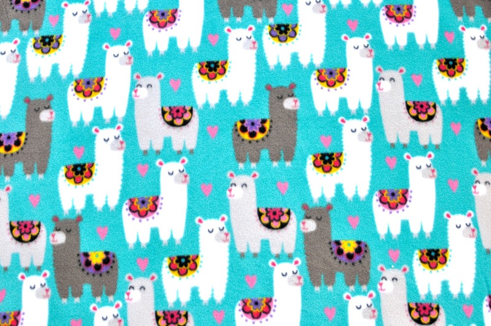 REMNANT*FLORAL WHITE/GREY LLAMAS WITH SADDLES ON TURQUOISE FLEECE FABRIC 60X33″