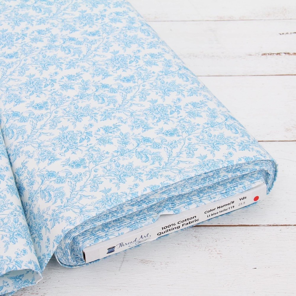 Threadart Cotton Quilting Fabric By The Yard – Vintage – Lt. Blue Toile