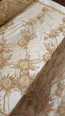 Champagne Gold Hand-Beaded Lace Fabric with 3D Floral Flowers on Mesh – Sold by