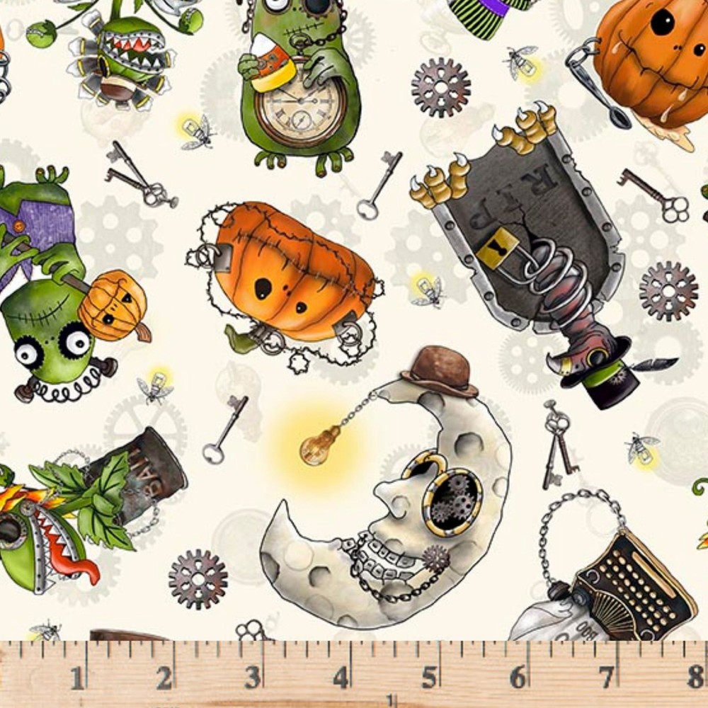 Steampunk Halloween 3 Character Toss Ecru 31221 E Half yard continious cuts