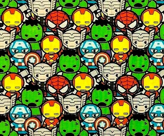 FAT QUARTER MARVEL KAWAII CHARACTER AVENGERS SUPERHEROES QUILTING COTTON FABRIC