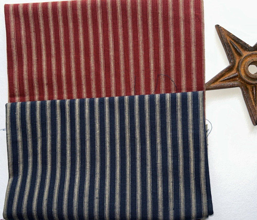 1/2 YARD EACH Blue/Tan & Dark Red/Tan Ticking Stripe Homespun Fabric 100% Cotton