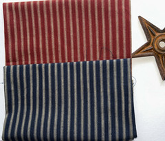 1/2 YARD EACH Blue/Tan & Dark Red/Tan Ticking Stripe Homespun Fabric 100% Cotton