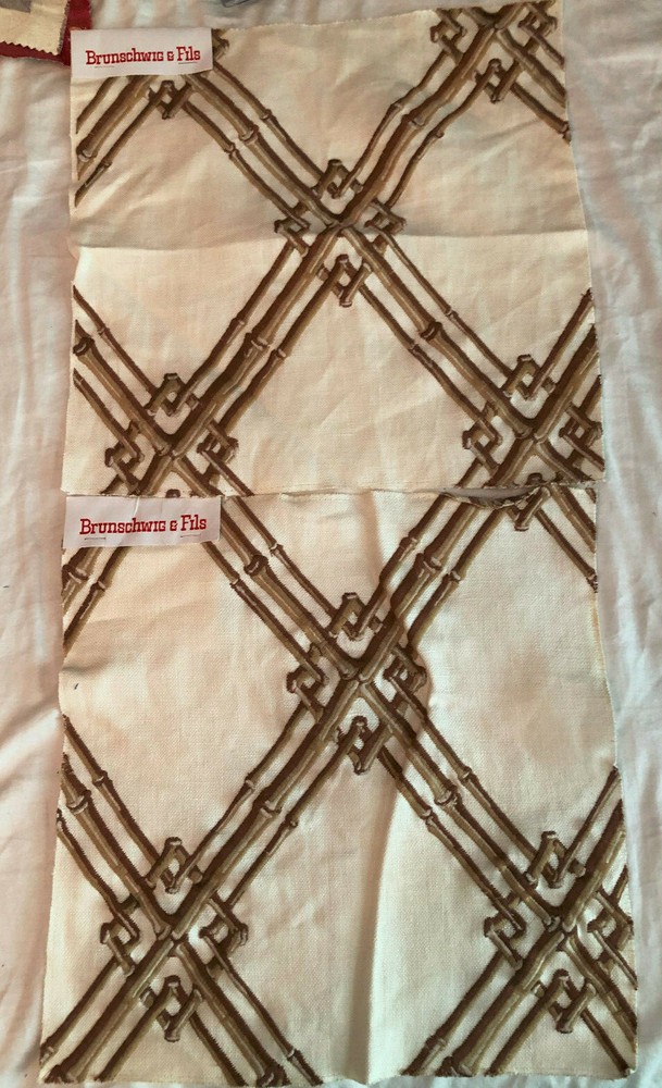 BRUNSCHWIG & FILS 2 pc Bamboo Trellis Tan 12 1/2, 13″ Embroidered Fabric Samples